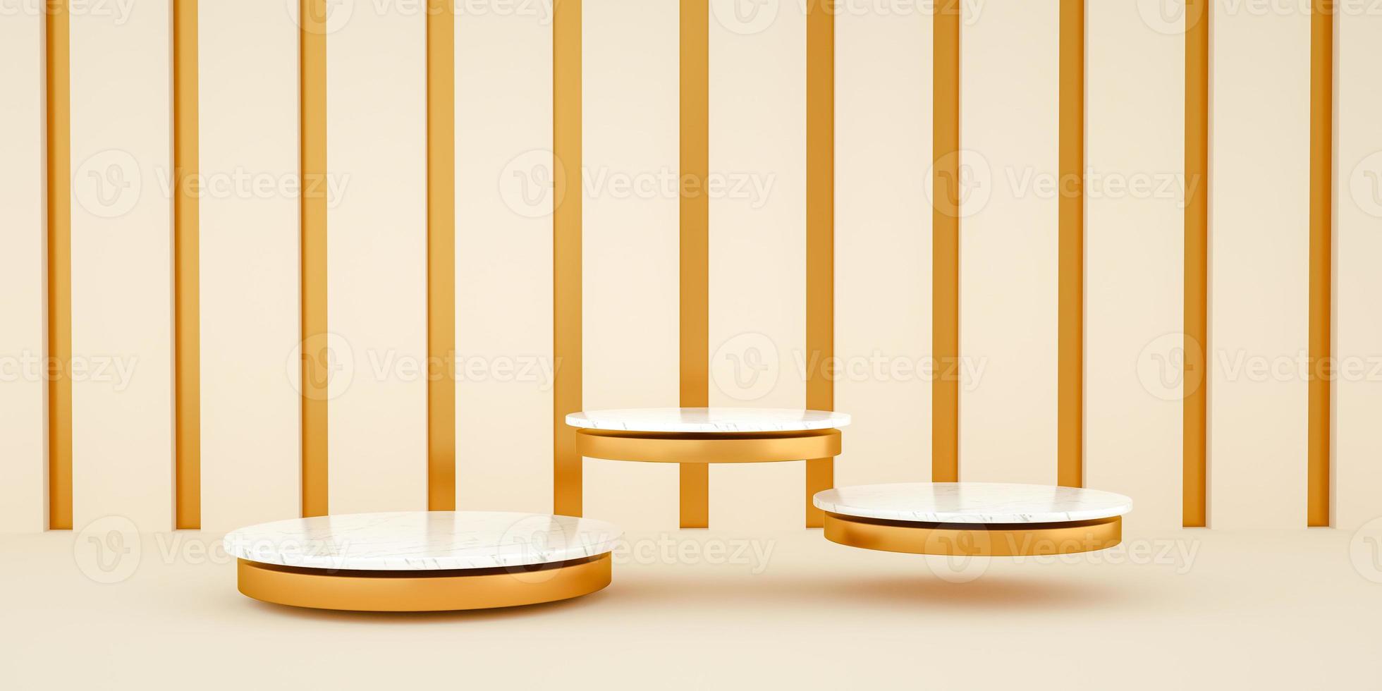 3d render, abstract and modern minimalist background with white marble and gold. Empty platform photo