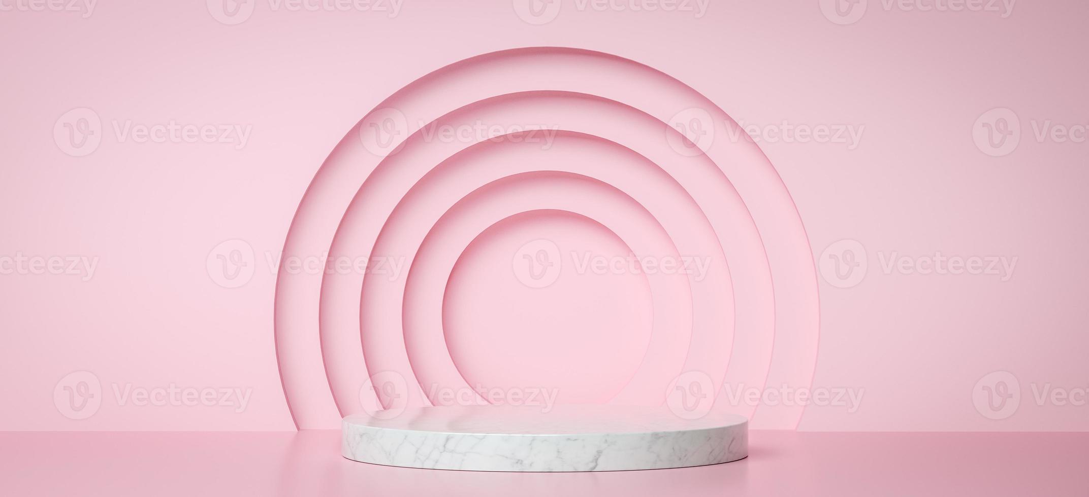 Marble podium for product presentation with pink circles, 3d render background photo