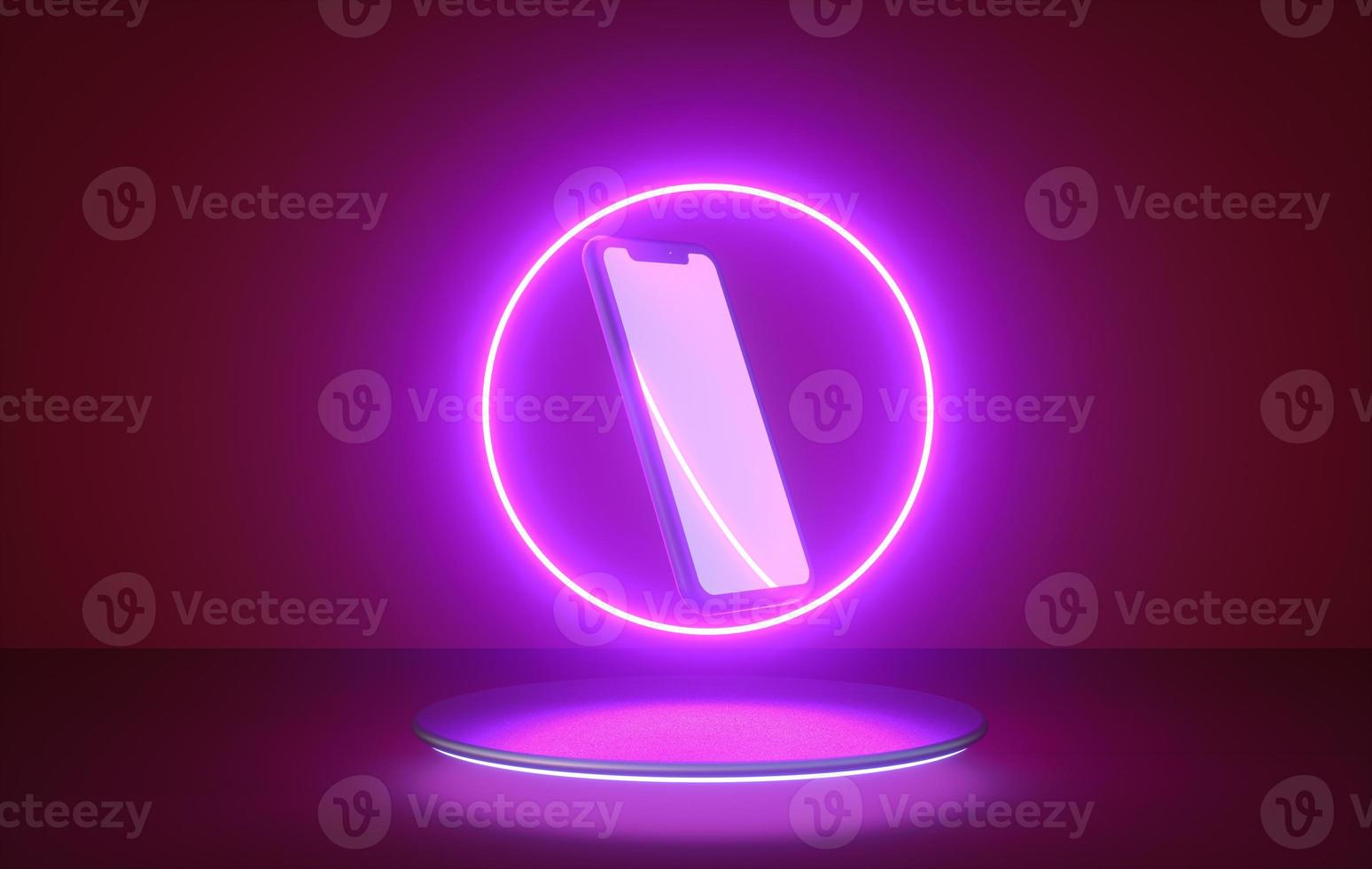 Abstract flight, neon light ring shape and smartphone on podium. 3D render photo