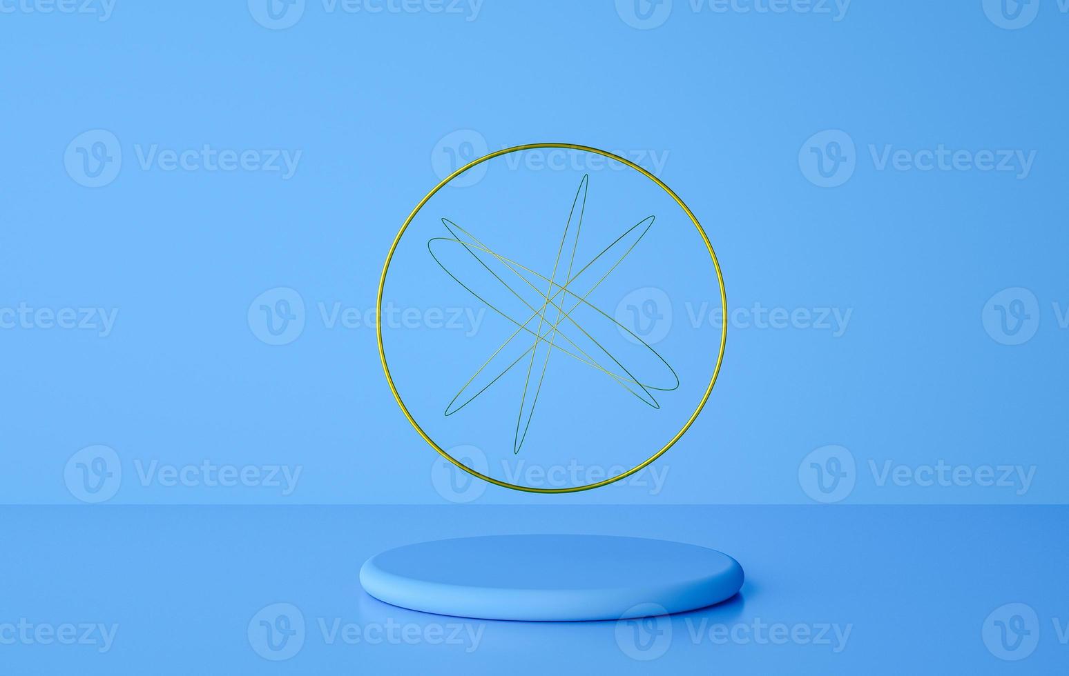 pastel cylinder pedestal with golden ring and geometric shapes mock up 3d rendering photo