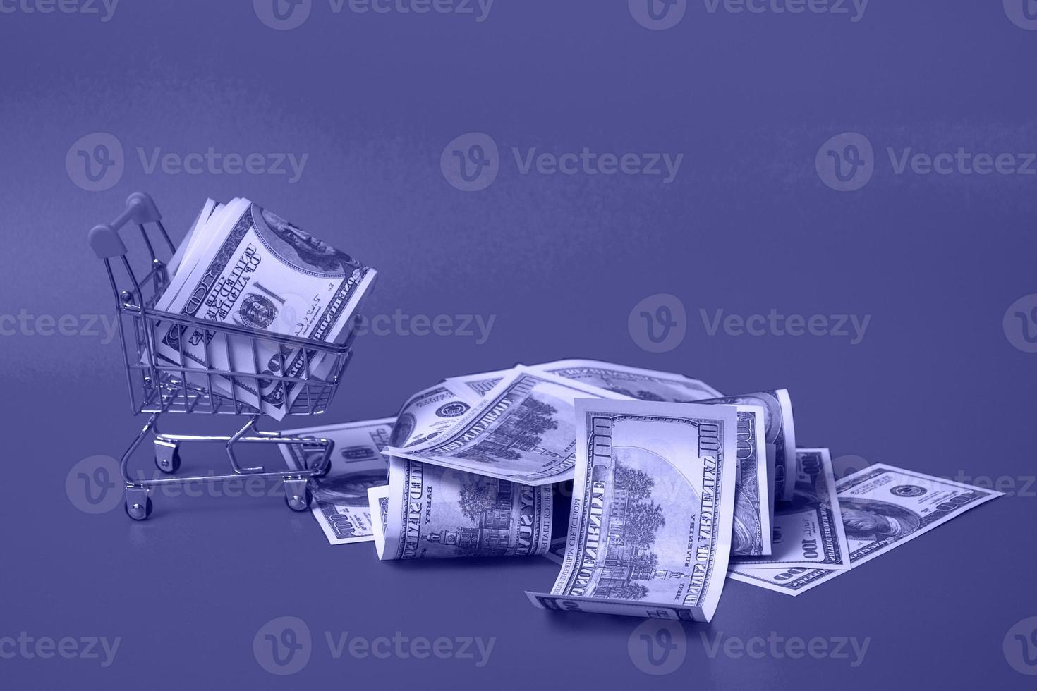 Leasing concept. Shopping cart with dollar bills on very peri background, close up photo