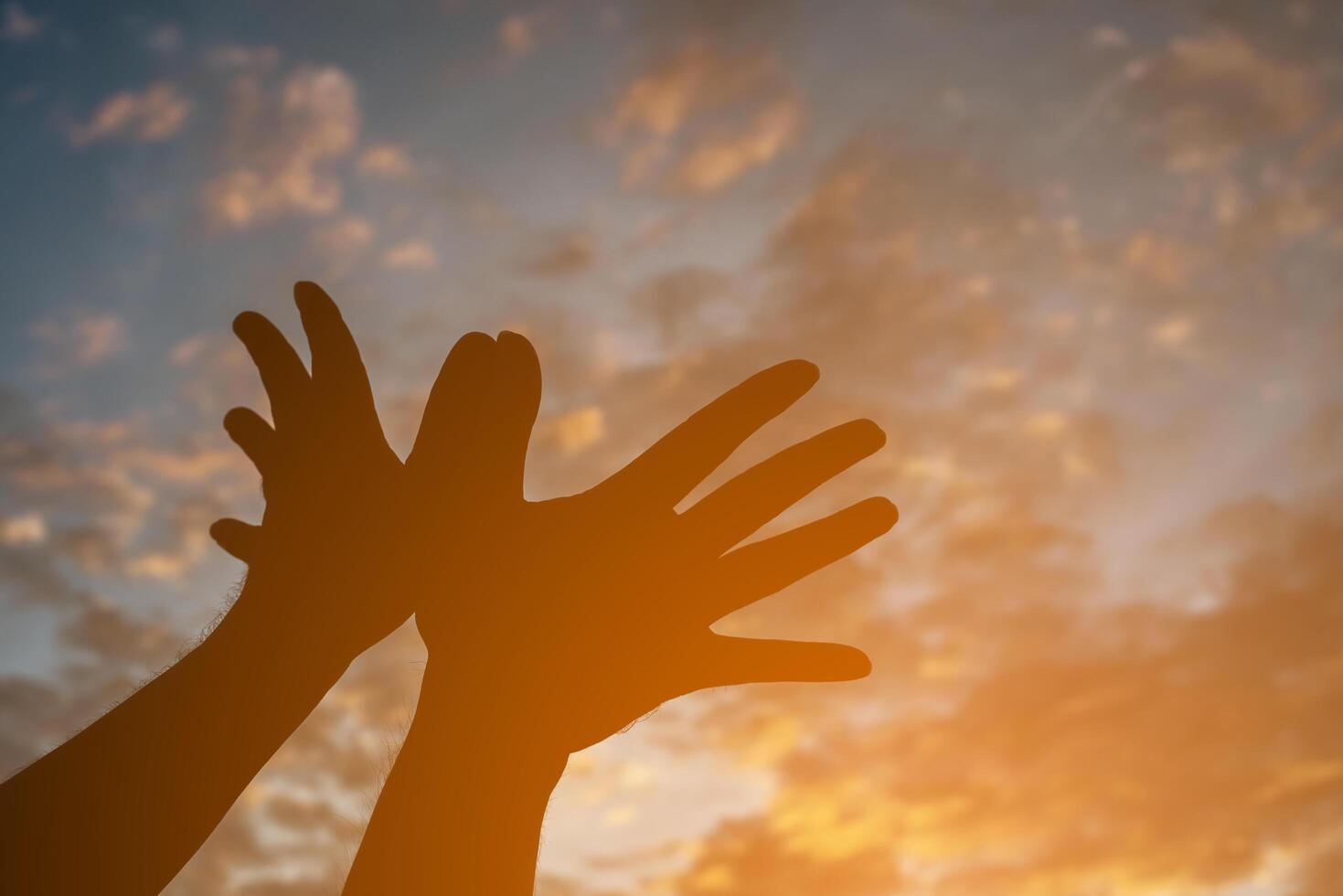 Silhouette with hands making bird shape on sunset sky for background. photo