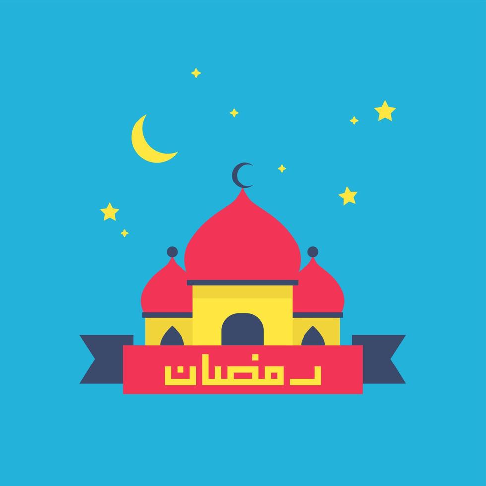 Beautiful Vector Illustration Ramadan Kareem The Holy Month Muslim Feast Greeting Card with Lantern, crescent moon, mosque and Arabic Calligraphy. Flat landing page style vector.