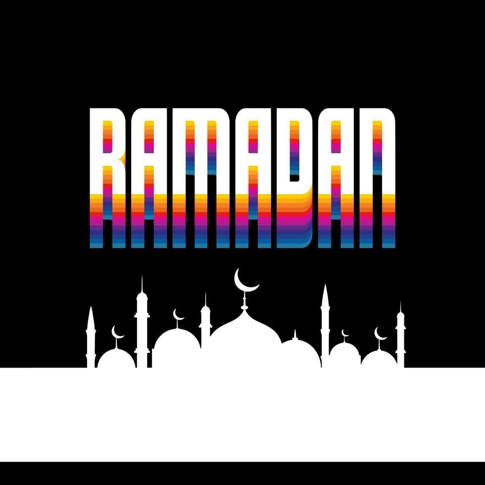 ramadán kareem tipográfico. ramadhan fiesta tarjeta de felicitación vector ilustración. composición de letras del mes sagrado musulmán con el edificio de la mezquita