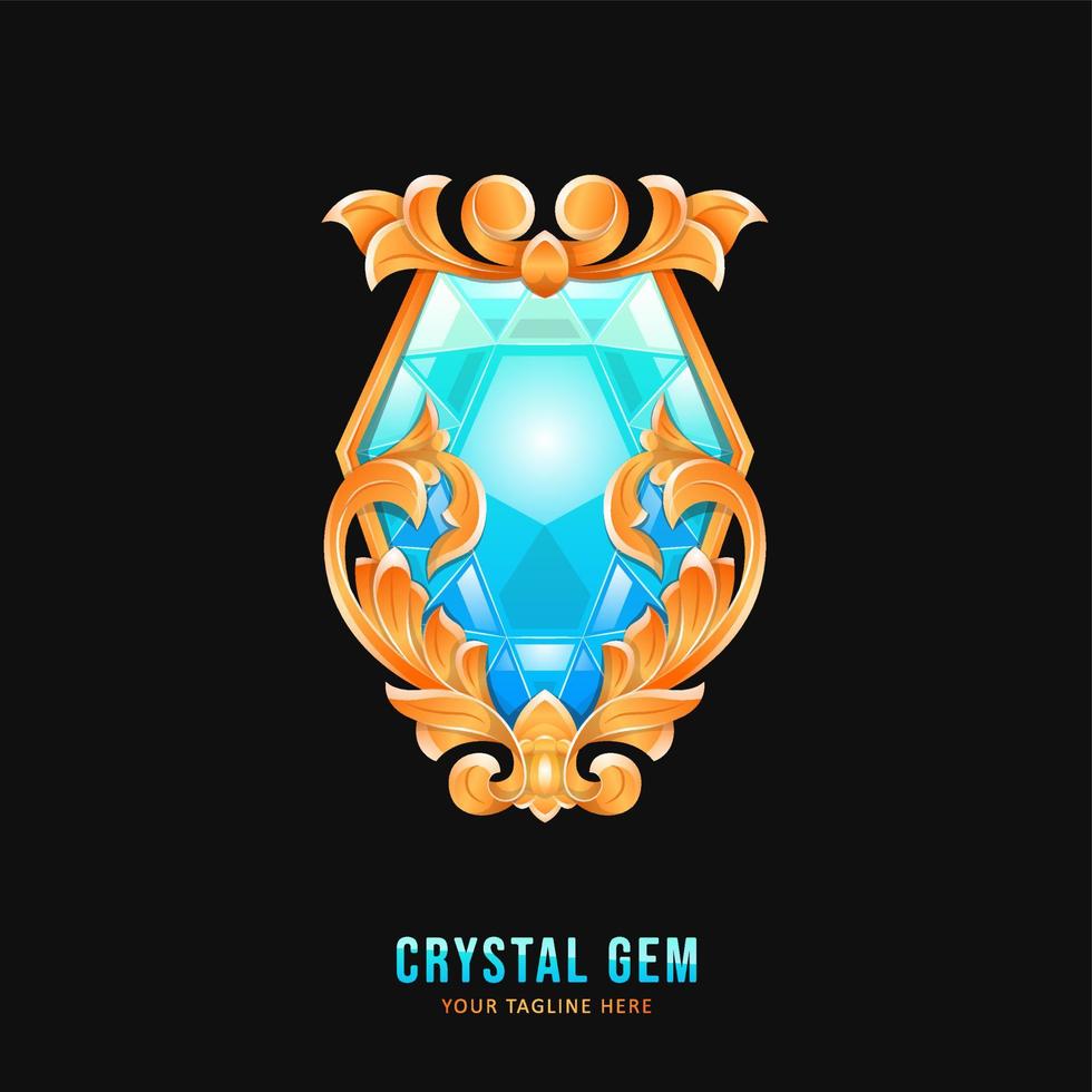 Blue crystal gemstone badge with ornament border vector