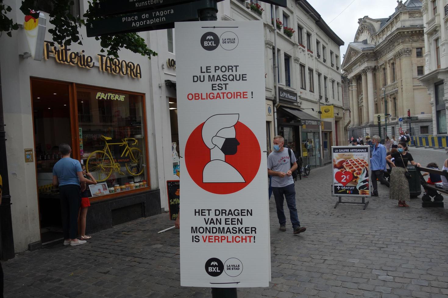 Brussels, Belgium, Aug 01, 2020 - Mandatory mask signs in French and Dutch languages photo