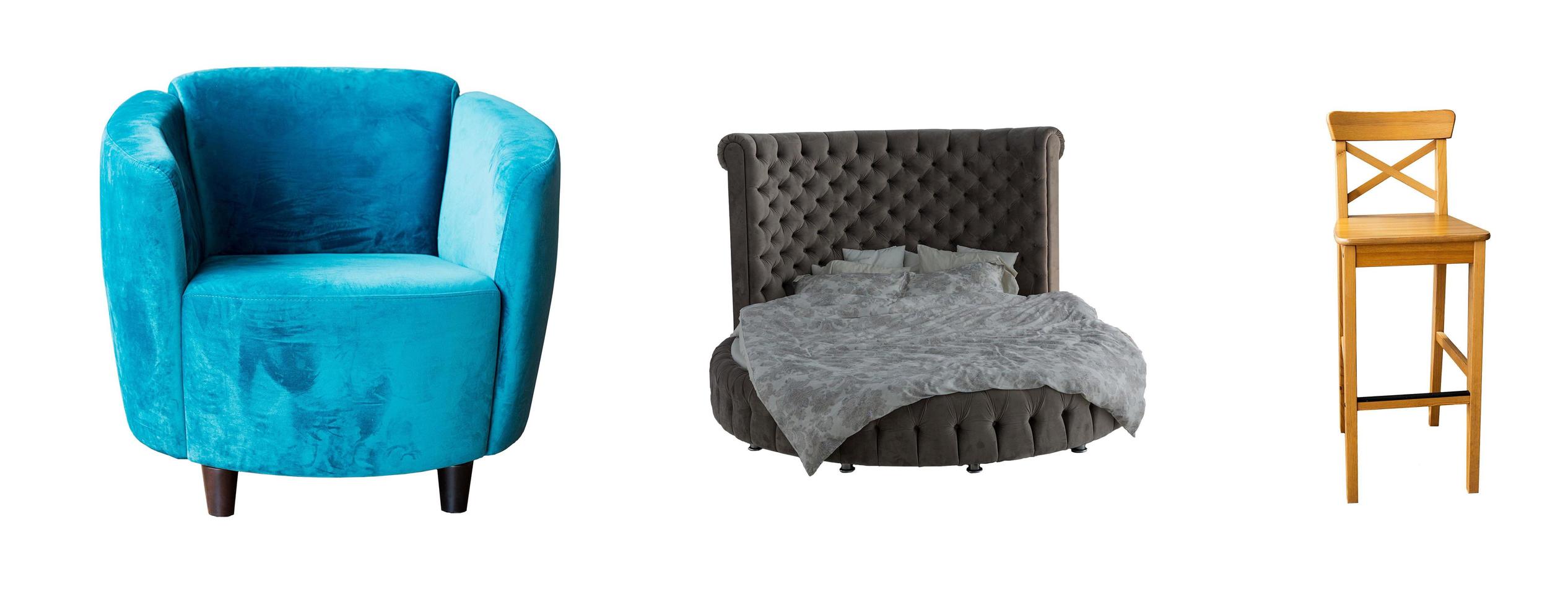 Furniture set armchair, bed, wooden chair on white isolated background. photo