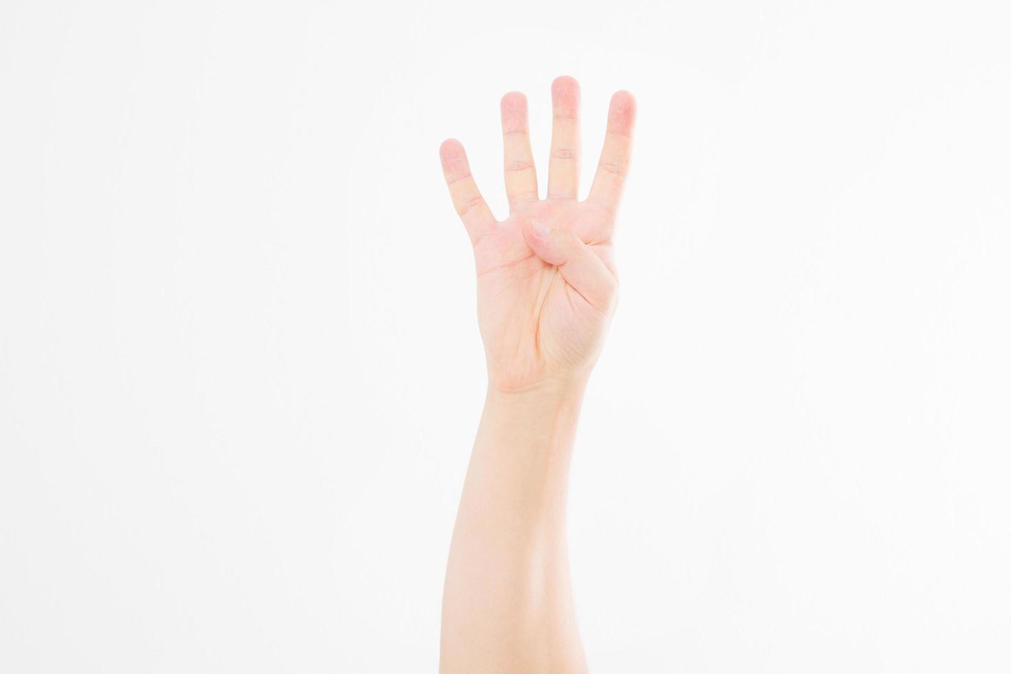 male hand shows four fingers. Gesture. caucasian arm. Mock up. Copy space. Template. Blank. photo