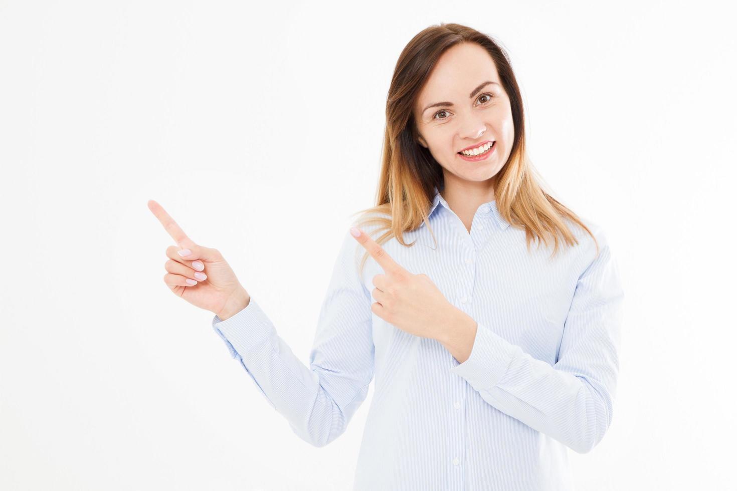 Isolated portrait of business girl, woman points with his hands. Confident young manager. Copy space photo