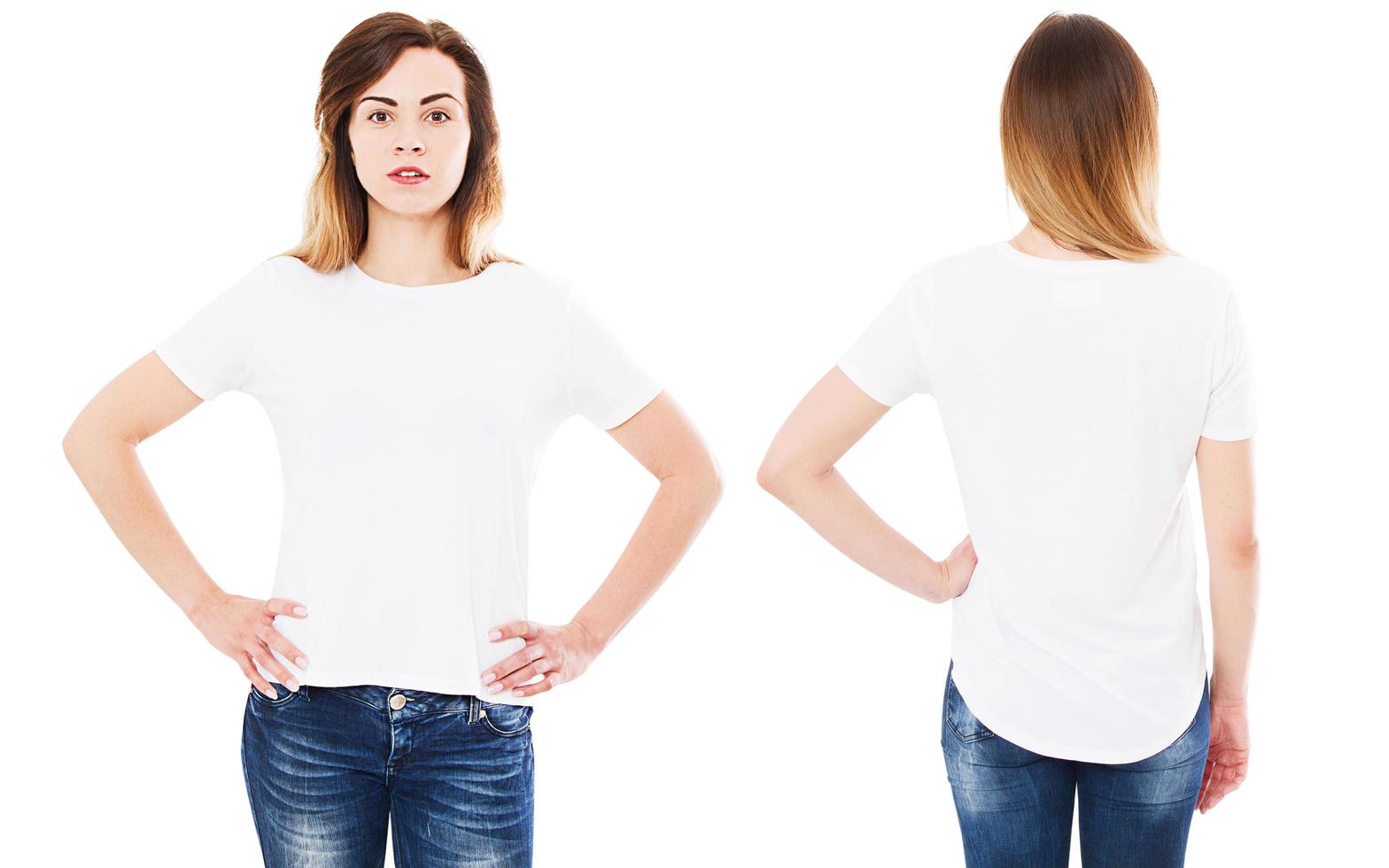 Camiseta con vistas frontales y traseras aislada en fondo blanco, collage o conjunto de camisetas, camiseta de chica foto