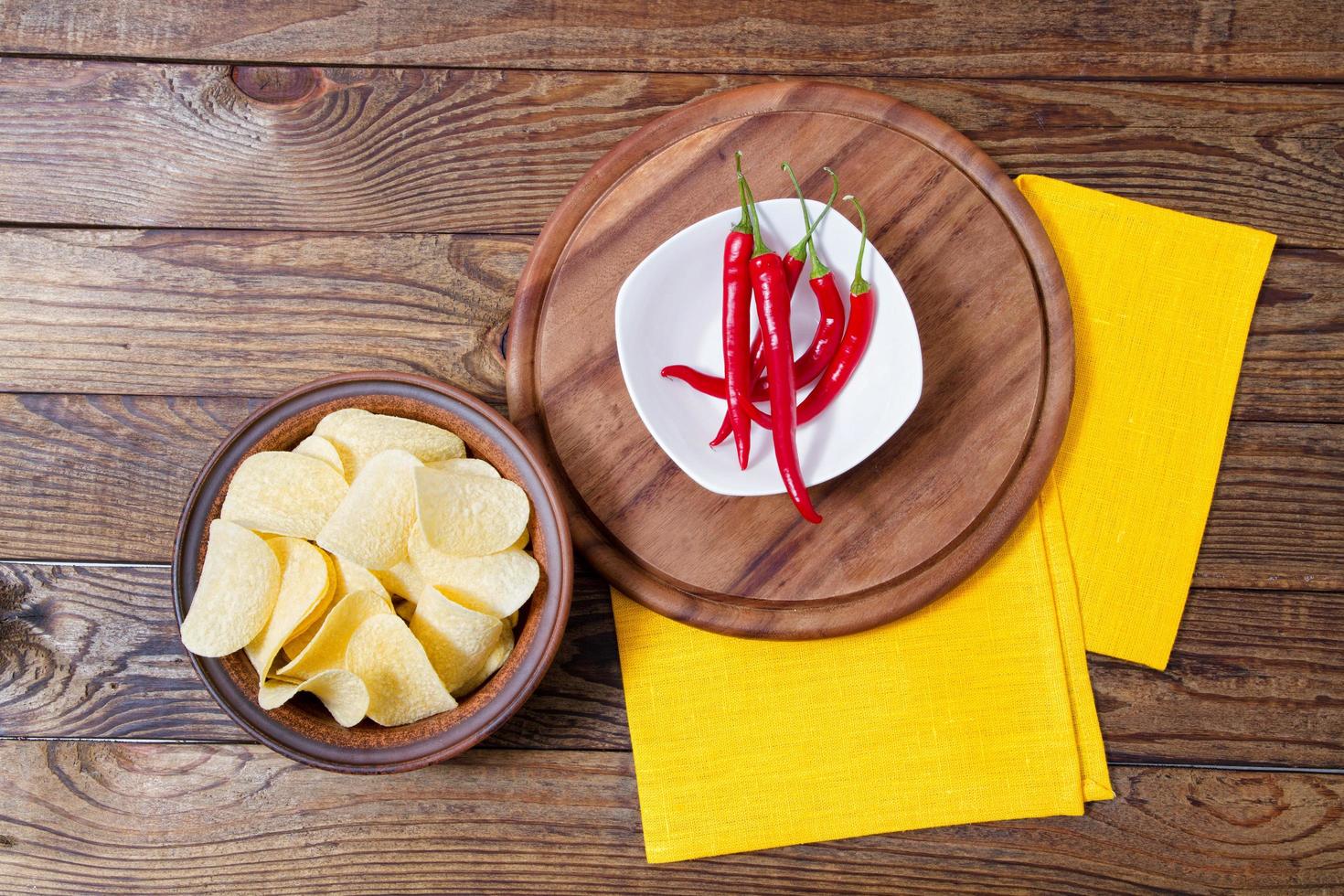 potato chips,yellow tablecloth,hot pepper and pizza desk on table, food background,empty,top view photo