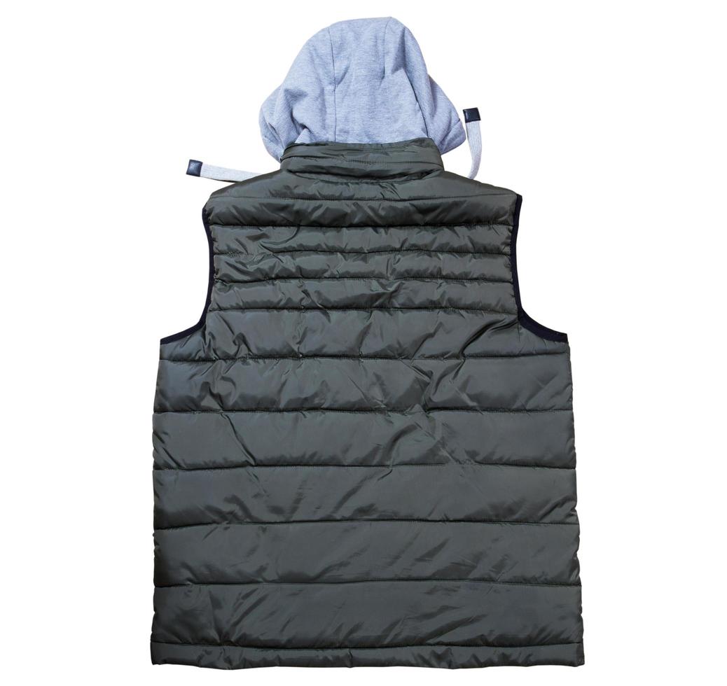 Back view of vest with a hood isolated on the white background, green vest top view on a white background. A warm green waistcoat is on white. photo