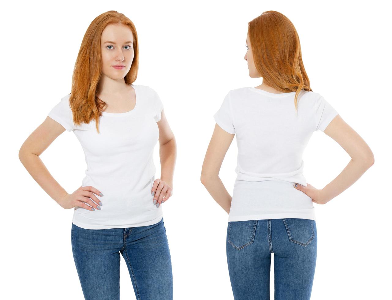 Front and back views of young red hair scandinavian women in stylish t-shirt on white background. Mockup for design t shirt photo