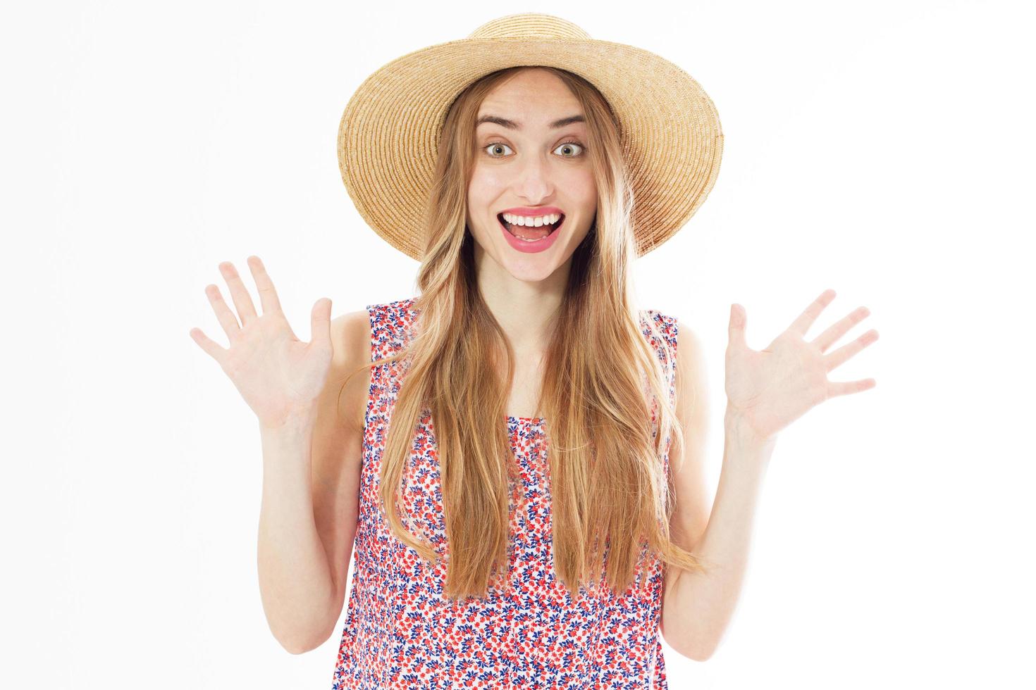 Summer emotional smiling woman in studio portrait. photo