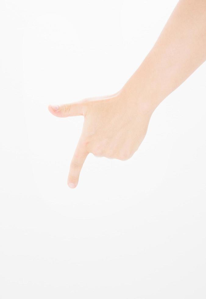 Closeup male hand pointing. Isolated on white background. caucasian hand. Mock up. Copy space. Template. Blank. photo