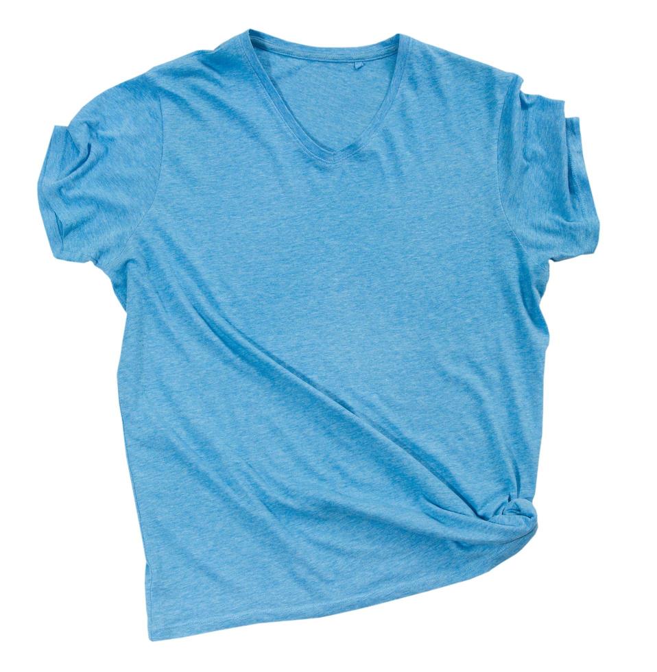 Blue t shirt isolated on white top view, t-shirt isolated on white background, female male empty blank tshirt ready for your own graphics. photo
