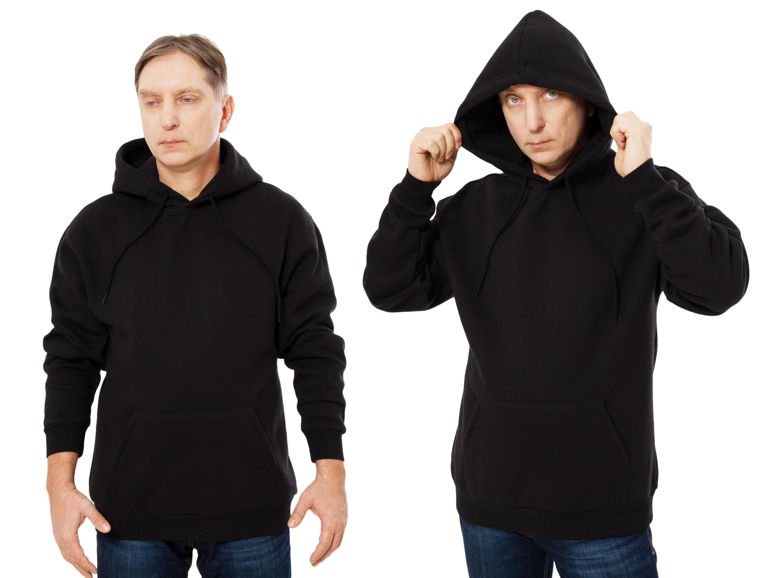 Man in black hoodie hoody set front view, hoody mockup isolated on white background. Man puts on