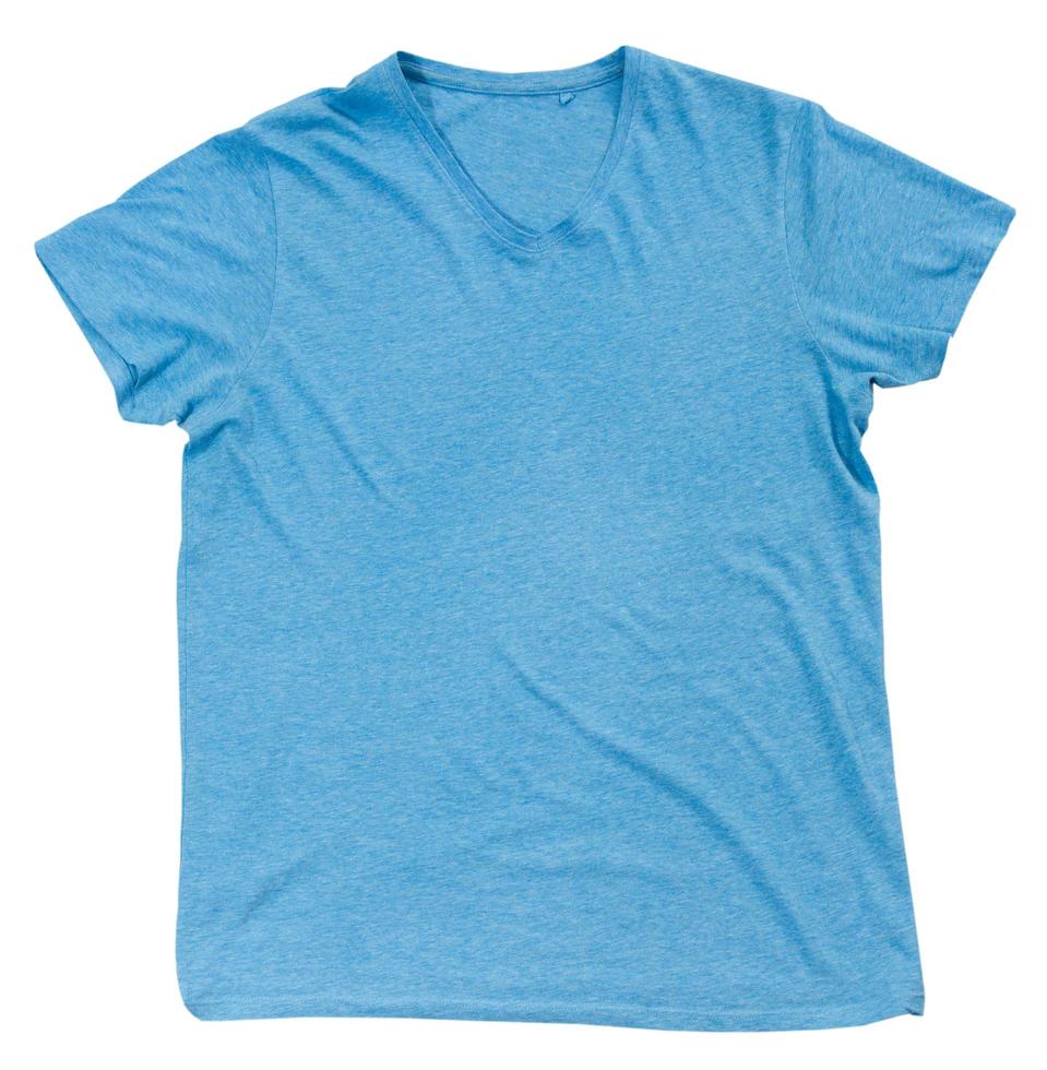 Blue t shirt isolated on white top view, t-shirt isolated on white background, female male empty blank tshirt ready for your own graphics. photo