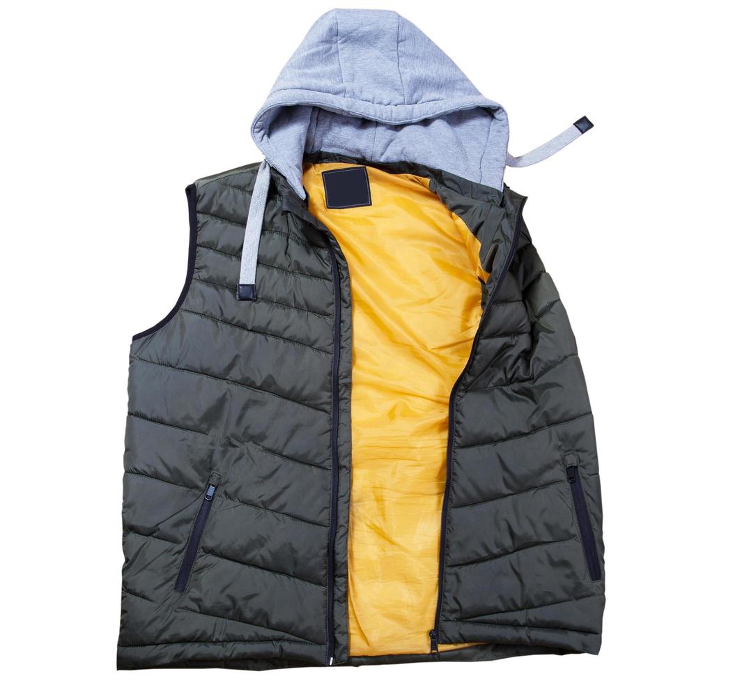 Vest with a hood isolated on the white background, green vest top view on a white background. A warm green waistcoat is on white. photo