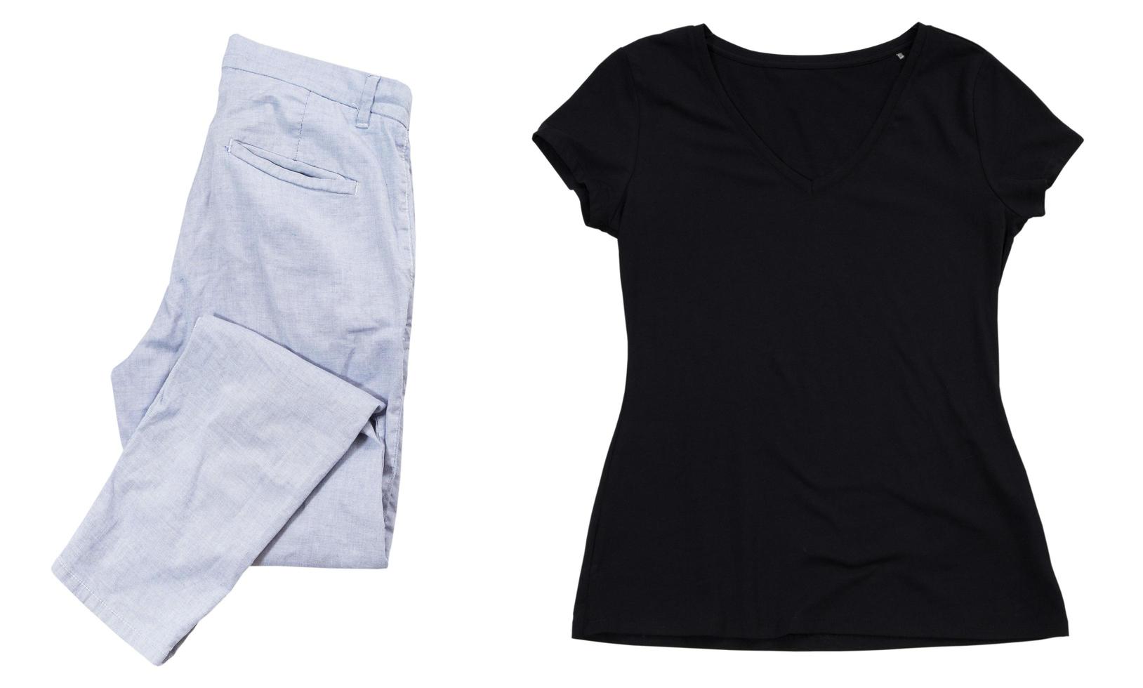 Summer black t-shirt and folded pants isolated mock up, empty black t shirt close up photo