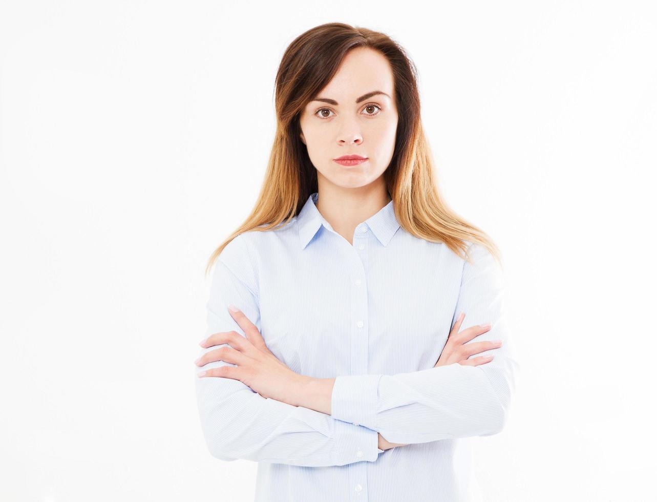 Isolated portrait of modern business woman with crossed arms, girl in shirt. Confident young manager, copy space photo