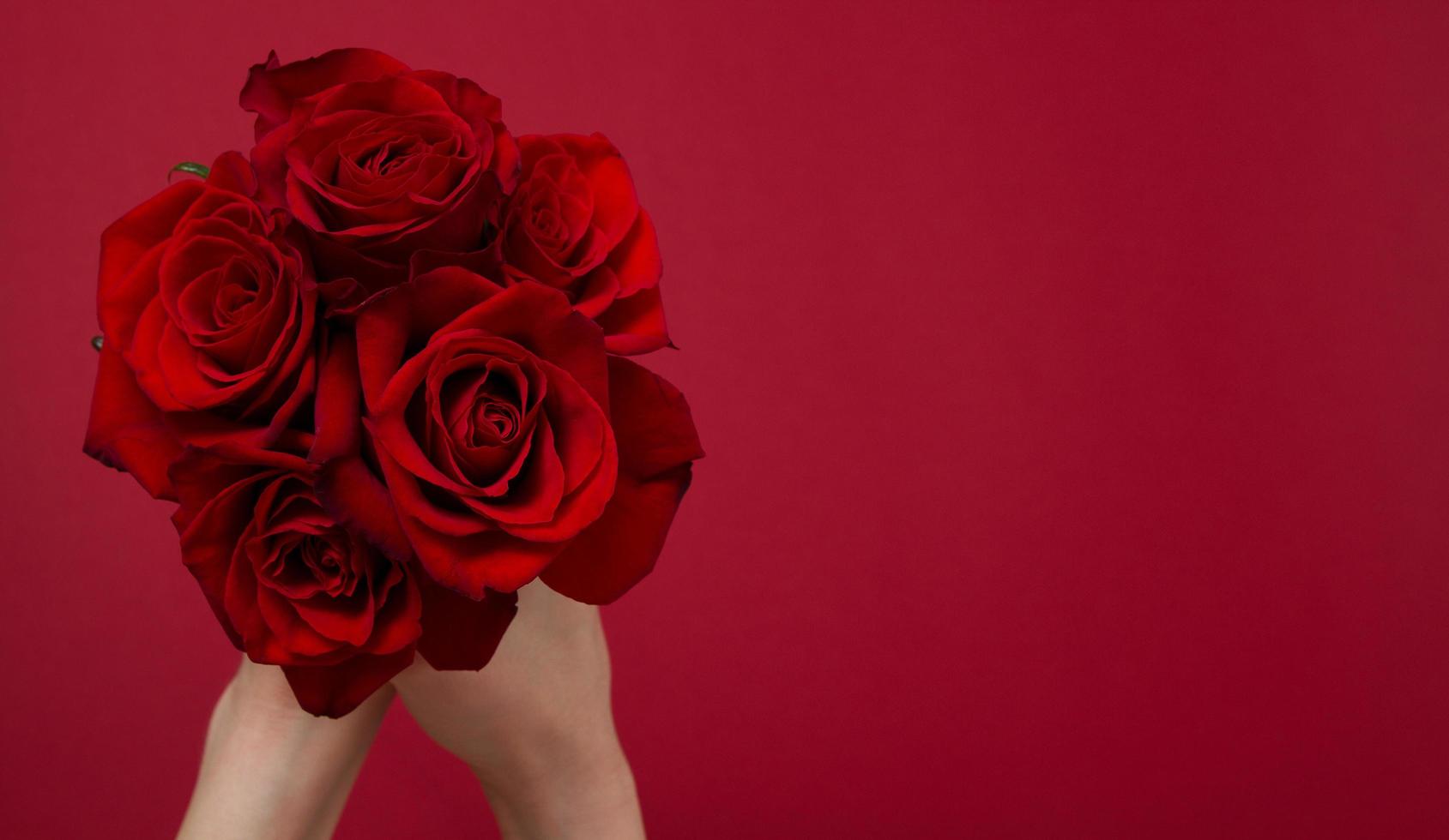 enviar flores concepto en línea. entrega de flores para san valentín, día de la madre. ramo de rosas rojas aislado sobre fondo rojo. diseño de tarjeta postal hermosa naturaleza rosa. vista superior. copie el espacio enfoque selectivo foto