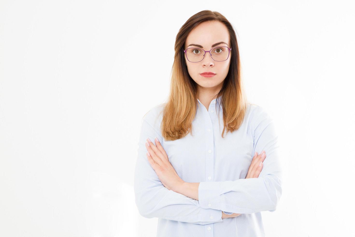 Isolated portrait of business woman, girl with glasses and crossed arms.Confident young manager. Copy space photo