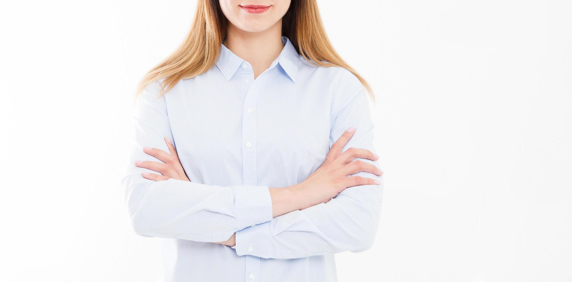 Isolated portrait of smiling business woman, girl with crossed arms.Confident young manager. Copy space photo