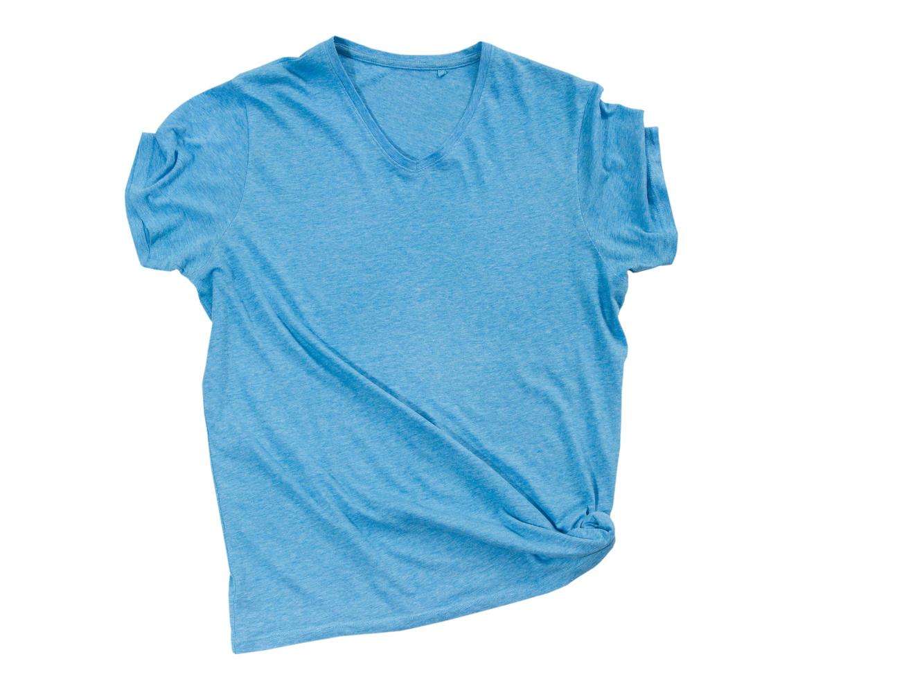 Blue t shirt isolated on white top view, t-shirt isolated on white background, female male empty blank tshirt ready for your own graphics. photo