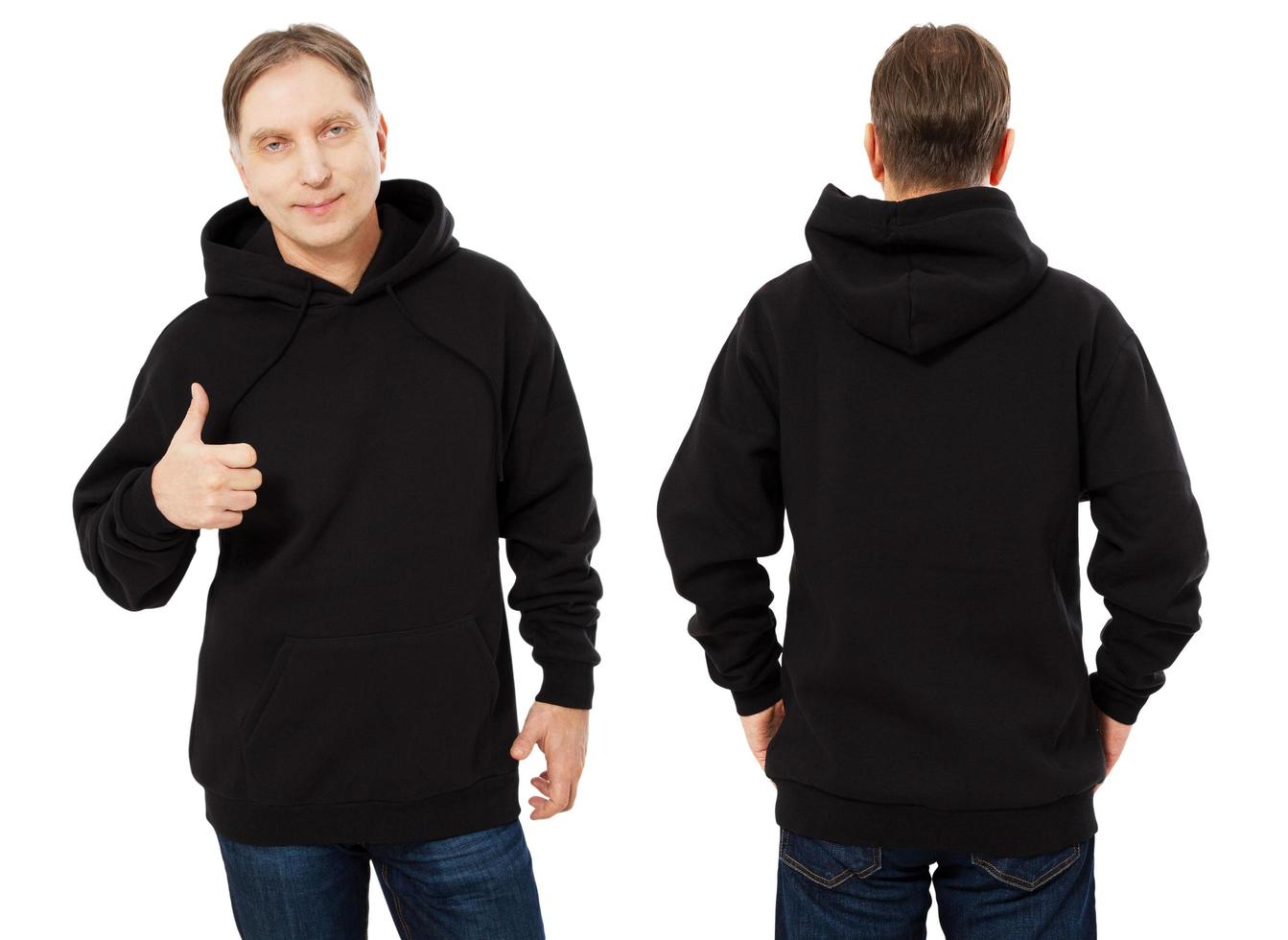 Man hoody set, black hoody front and back view, hood mock up. Empty ...