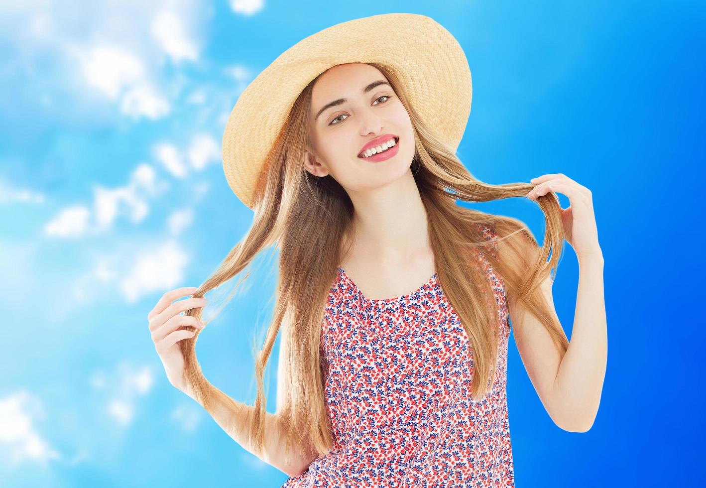 Happy beautiful woman on the sky beach. Vacation. photo
