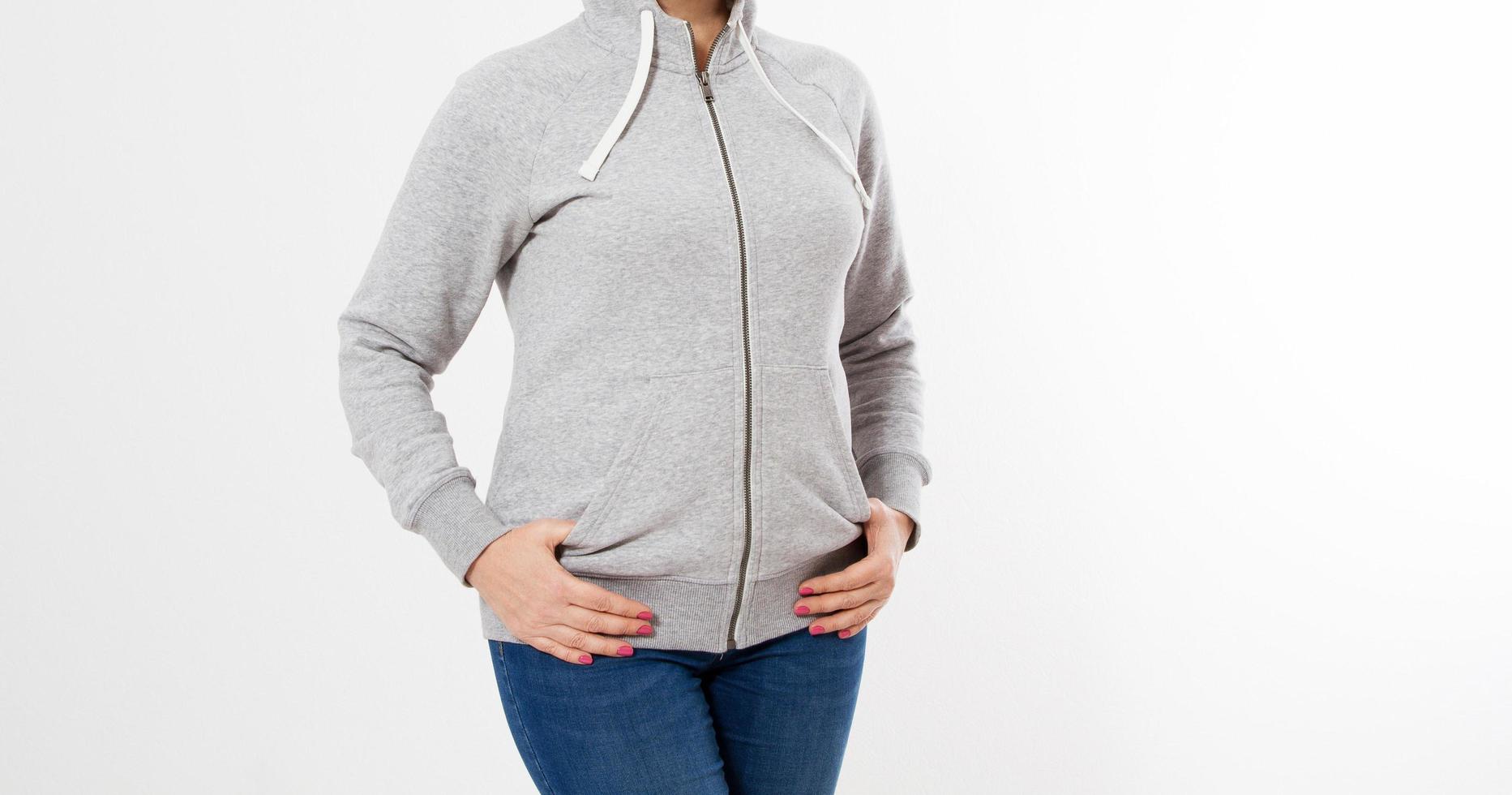 woman in gray pullover hoodie mockup - blank cropped image photo