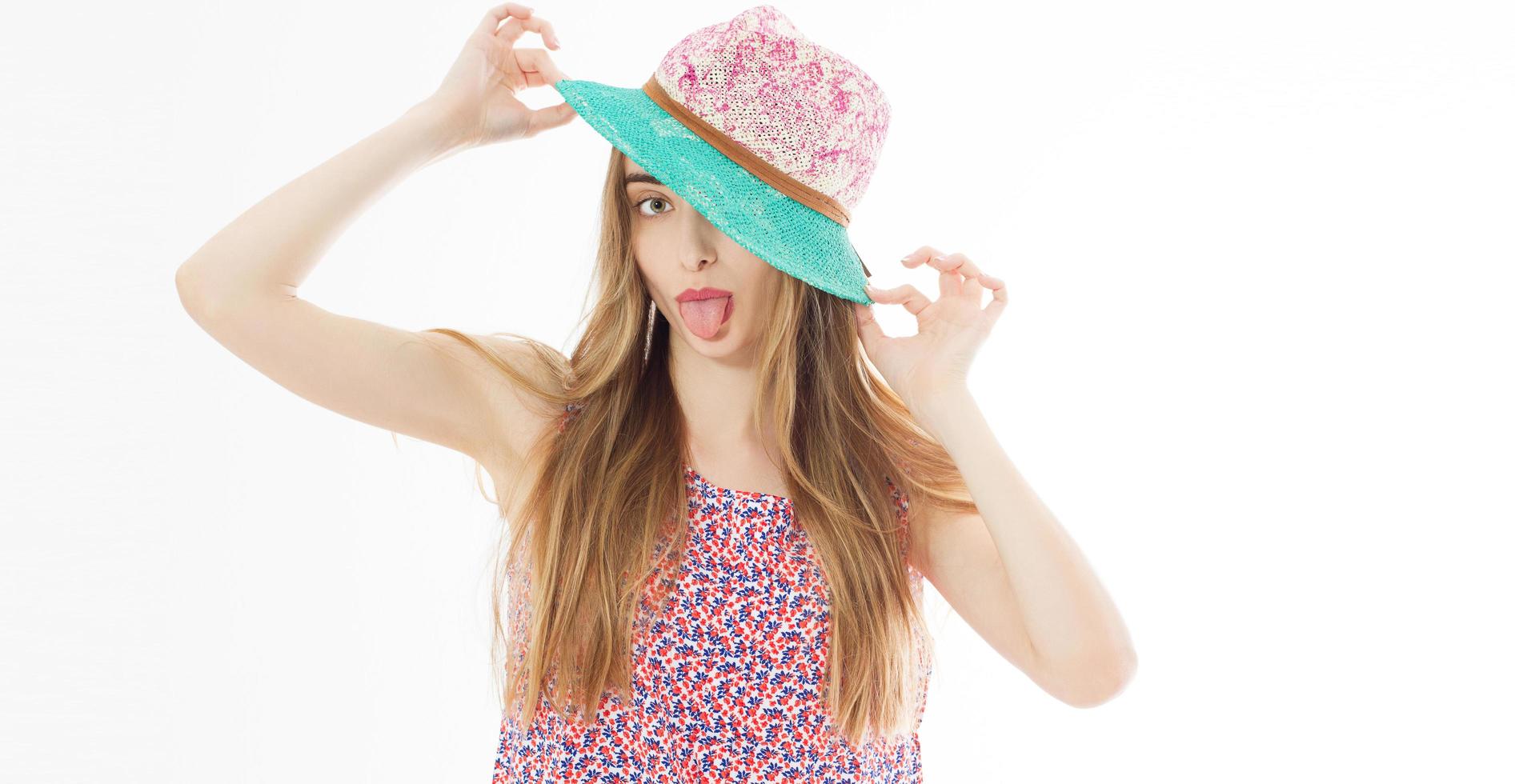Portrait of elegant lady with hat on summer vacation, summer smiling woman in studio portrait copy space. photo