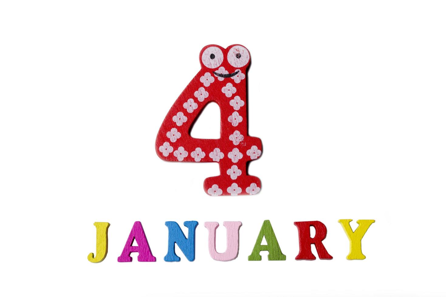 January 4 on white background, numbers and letters. photo