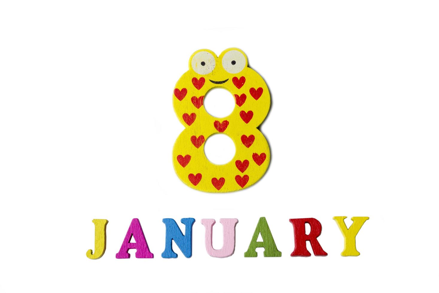 January 8 on white background, numbers and letters. photo