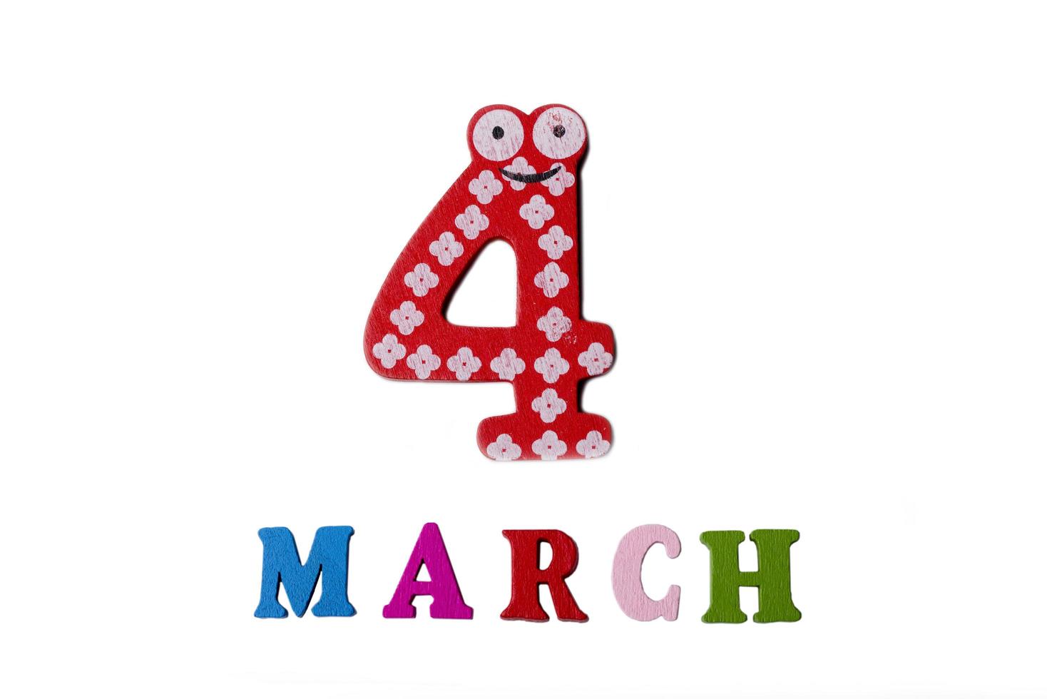 On March 4, on a white background, numbers and letters. photo