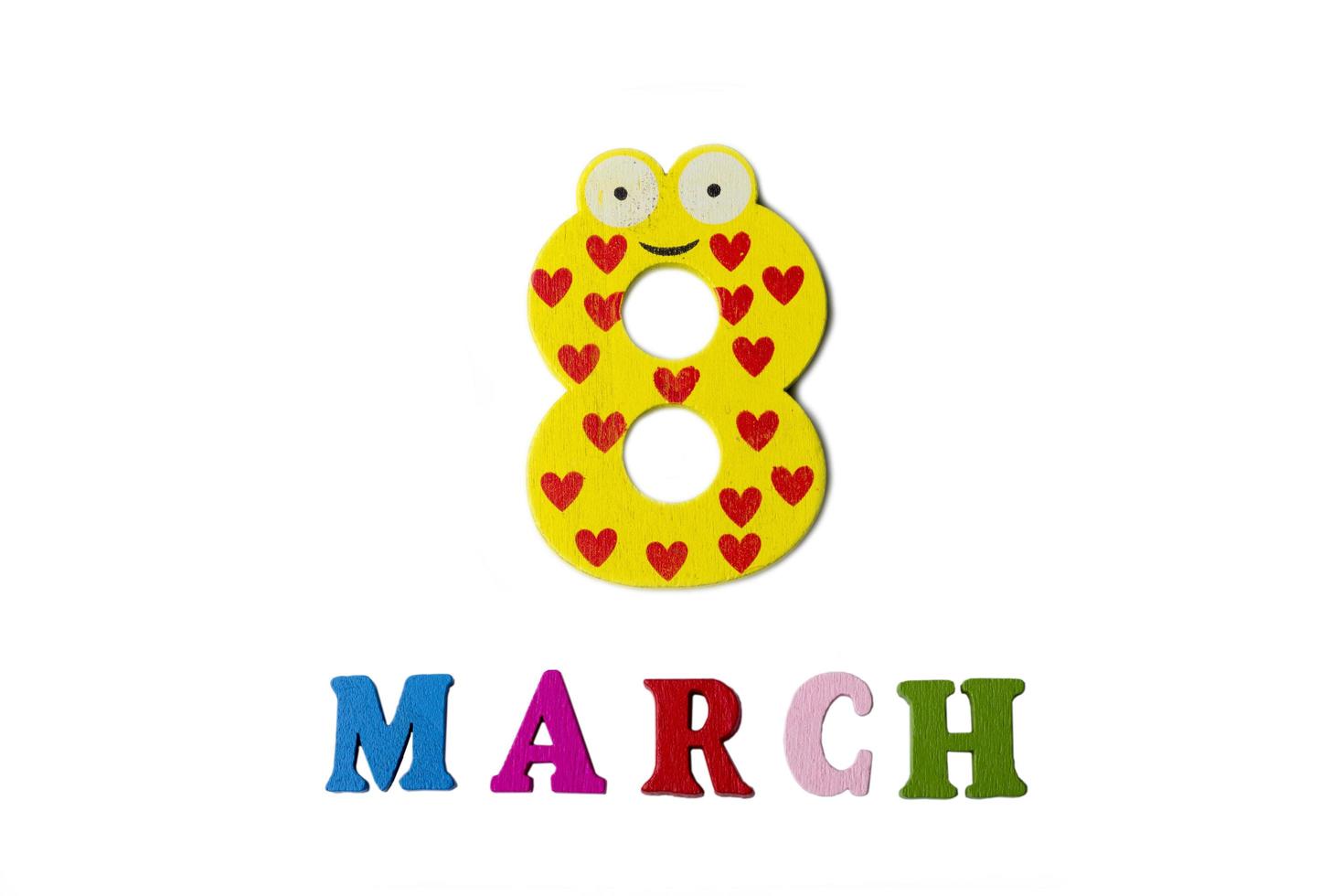 March 8 on white background, numbers and letters. photo
