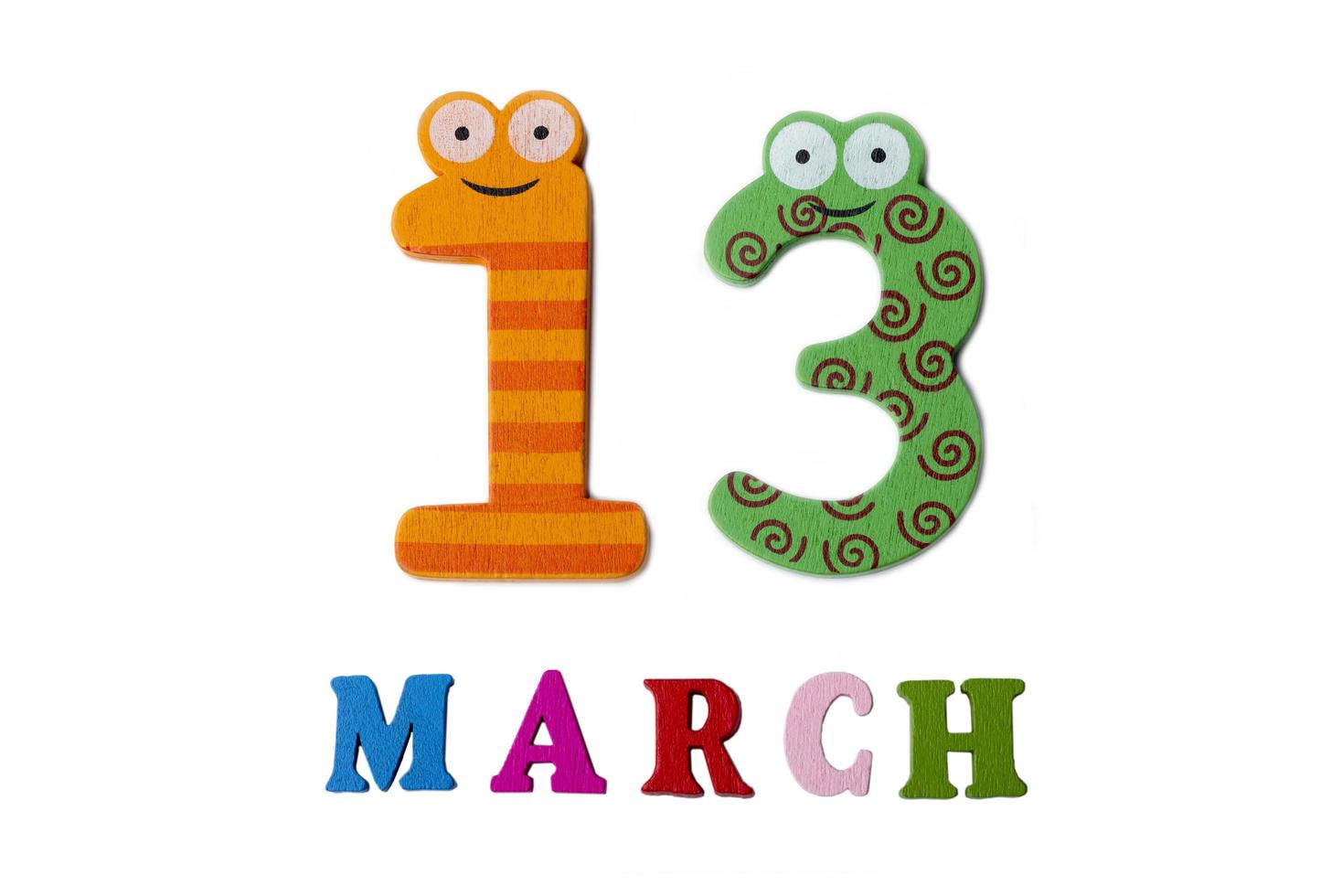 March 13 on white background, numbers and letters. photo