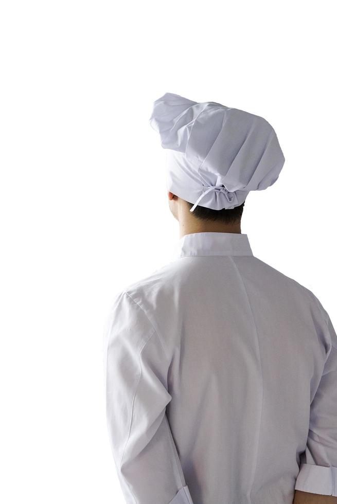 Rear view of chef isolated on white background. photo