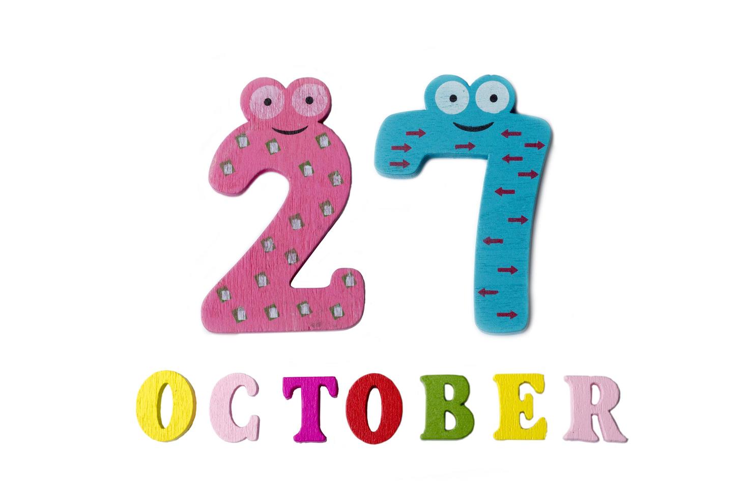 October 27 on white background, numbers and letters. photo