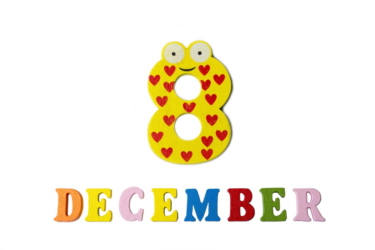 December 8 on white background, numbers and letters. photo