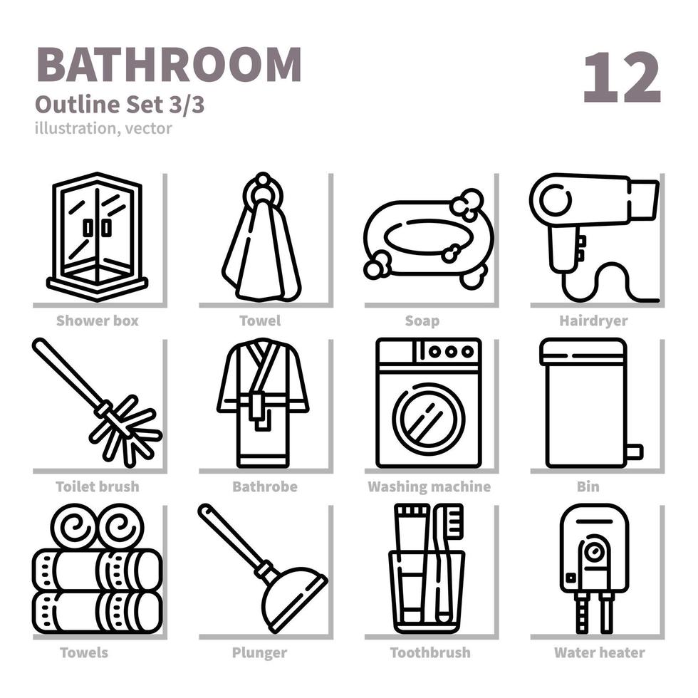 Bathroom icons set, Detailed Outline, vector and illustration set 3