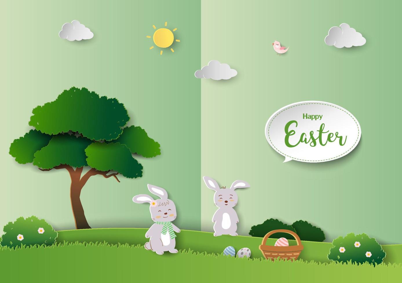 feliz tarjeta de felicitación de pascua con lindos conejos sobre fondo de arte de papel verde vector