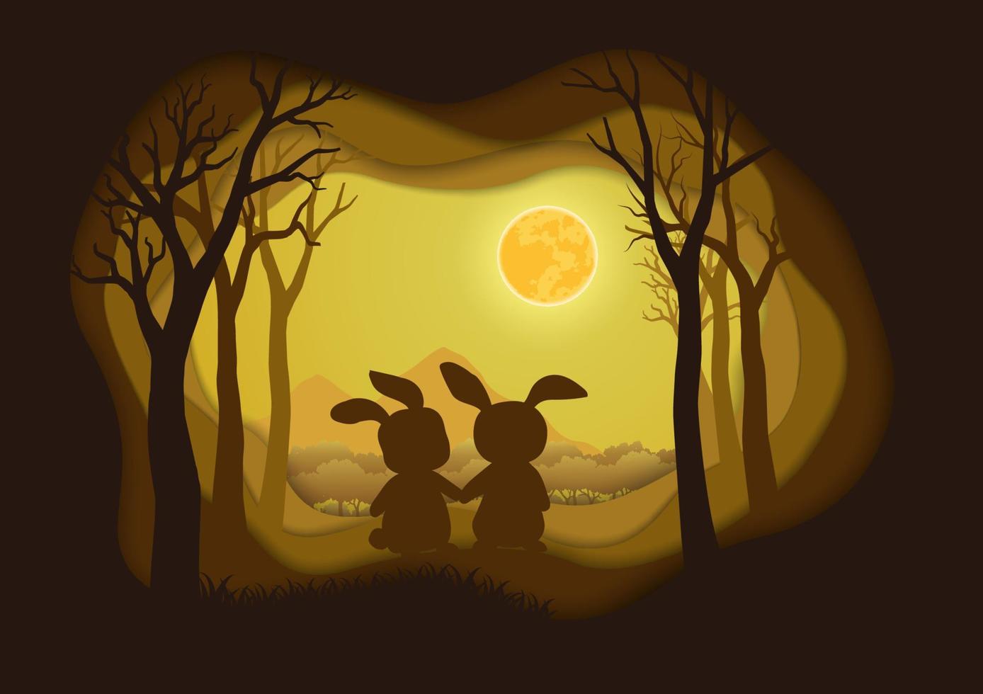 Happy Easter greeting card with rabbits on night scene background,paper cut and craft style for festive spring holiday vector