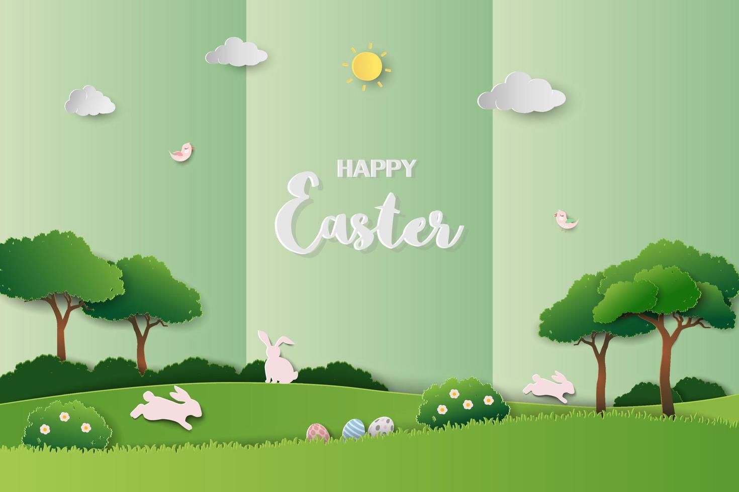 feliz tarjeta de felicitación de Pascua sobre fondo de artesanía de papel verde, conejos saltando sobre la hierba para las fiestas de primavera, afiche, pancarta o papel tapiz vector
