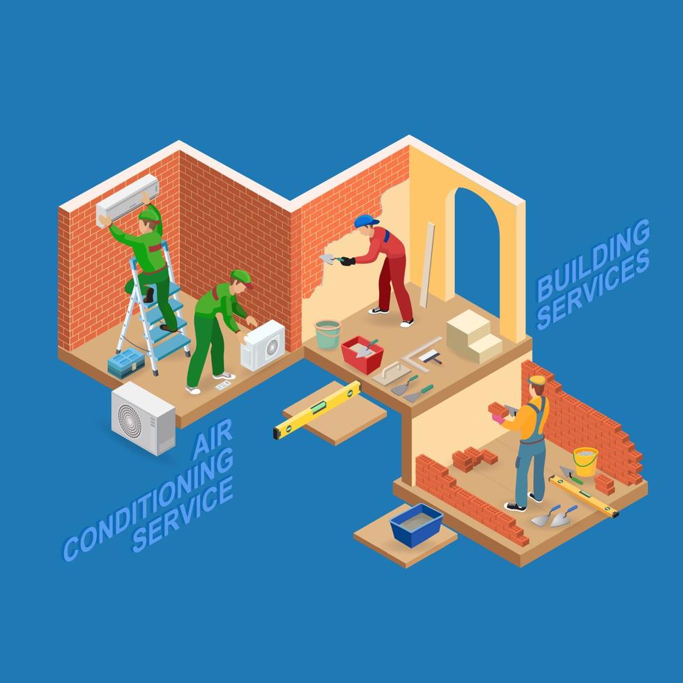 Workers are Builds and Plastering a Brick Wall. Attaching Conditioner. vector
