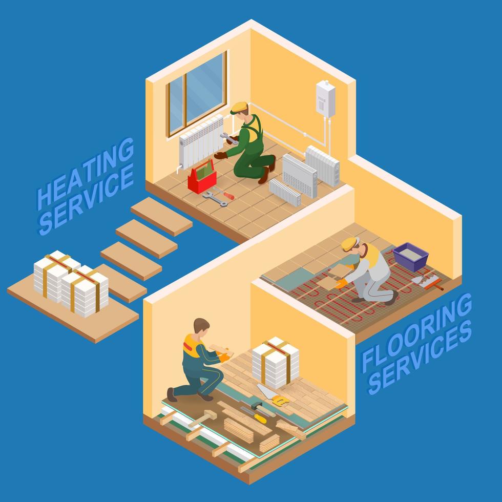 Isometric Interior Repairs Concept. Repairers are Fixing Radiator, Laying Parquet. vector