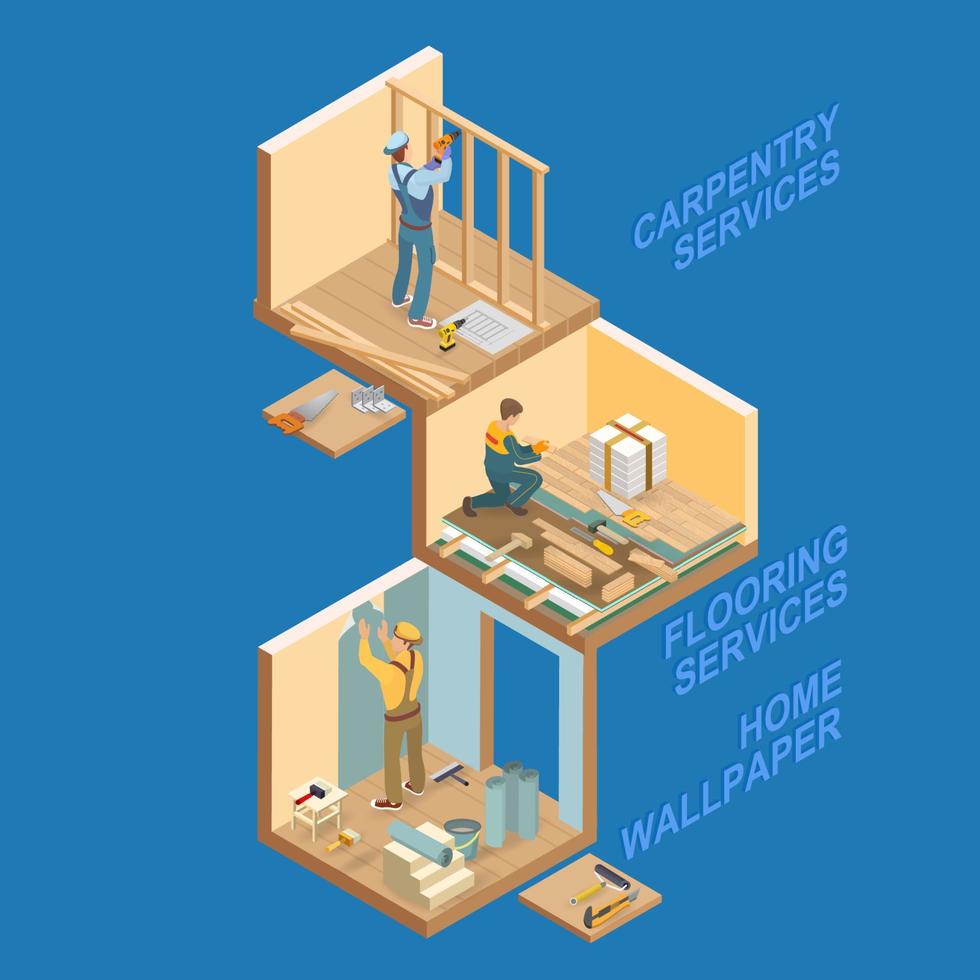 carpintero construye una construcción de madera. el trabajador está empapelando las paredes. vector