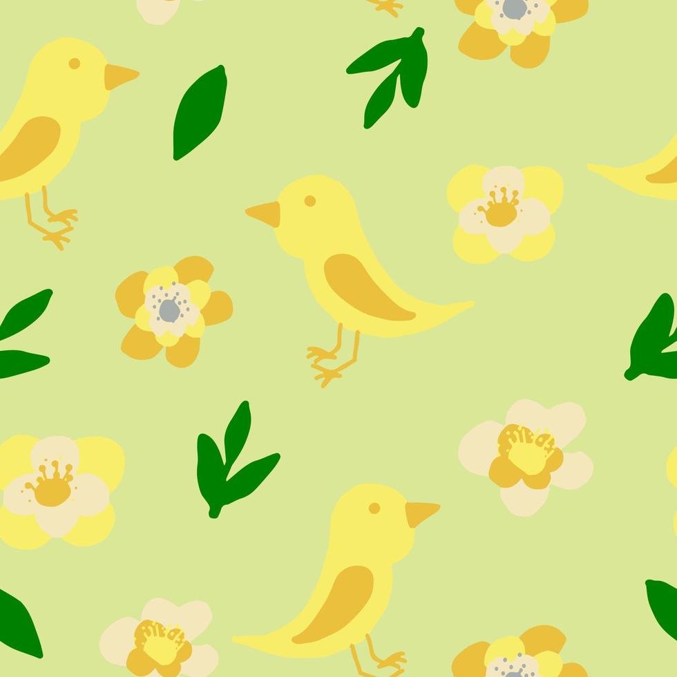 bird and flowers seamless pattern. wallpaper, textiles, wrapping paper. hand drawn doodle. trendy colors 2022. baby, spring summer vector