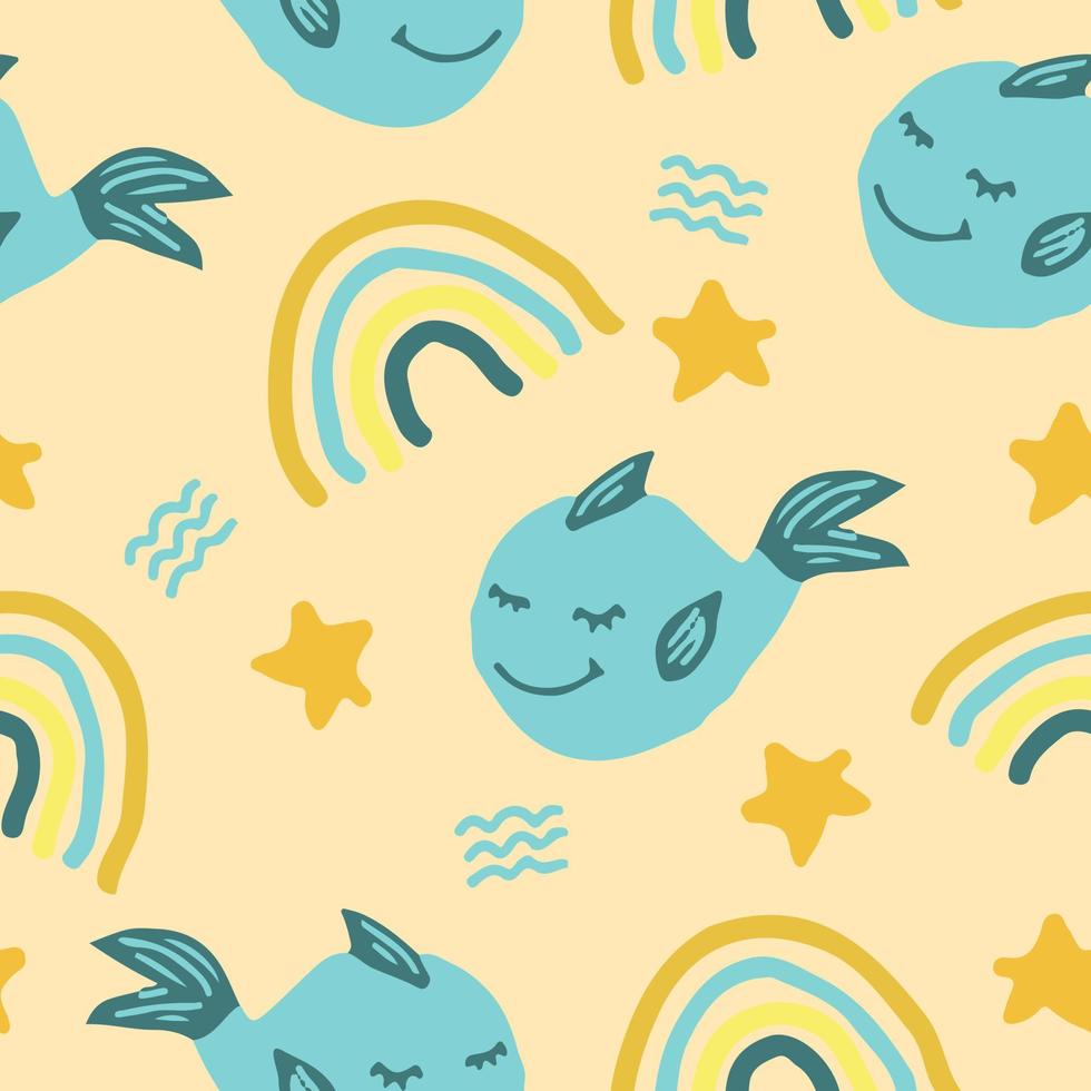 cute fish whale seamless pattern with rainbow, stars, waves. hand drawn. illustration for childrens wallpaper, wrapping paper, textiles. blue, gold. marine animal, sea dreams vector